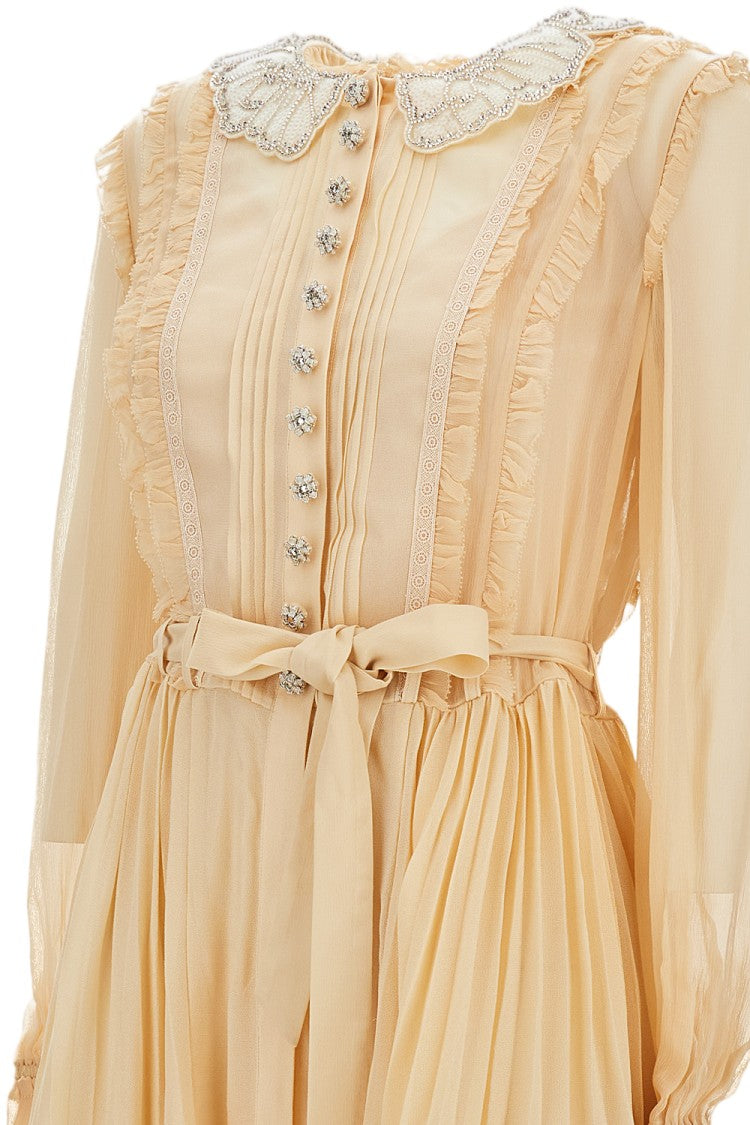 Self-Portrait Pleated Georgette Mini Dress With Embellished Collar And Jewelled Detailing