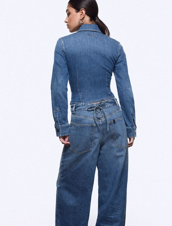 Liu Jo Light Stonewash Stretch Denim Shirt With Corset Details