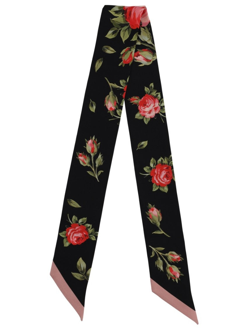 Dolce & Gabbana Black Floral Rose Pattern Silk Scarf