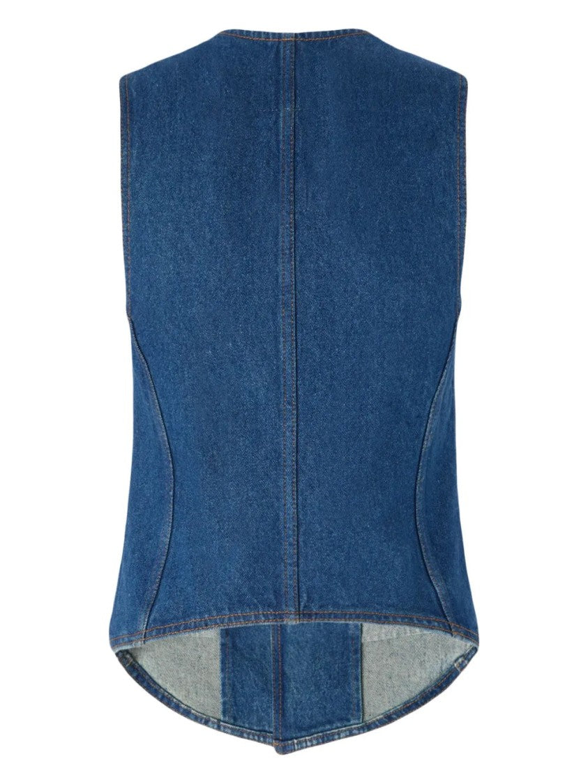 Pinko Tailored Blue Denim Gilet With Notched Lapel