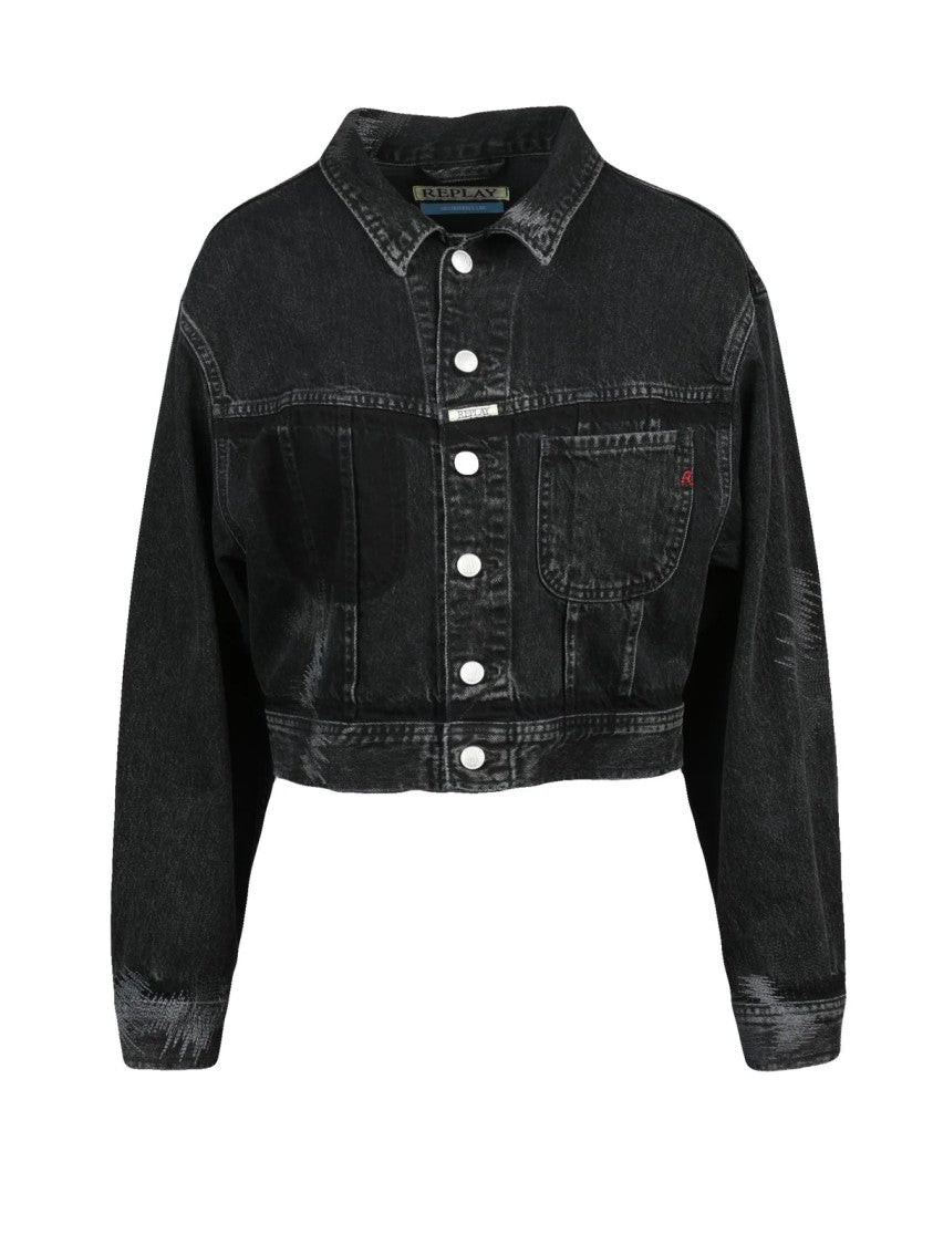 Replay Black Cotton Button Short Denim Jacket
