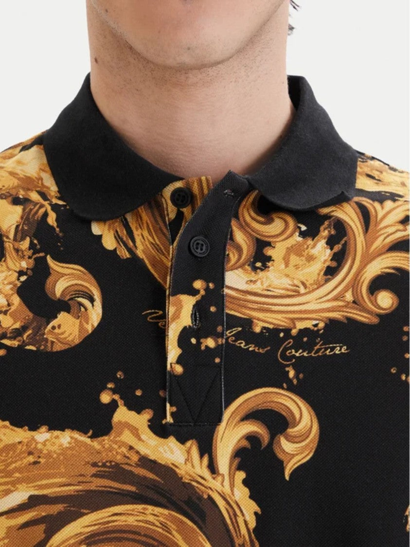 Versace Jeans Couture Black Cotton Gold Baroque Polo Shirt