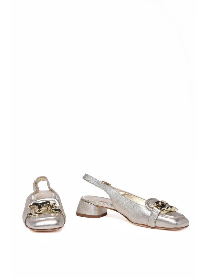 Bruglia Gold Metallic Chain Detail Leather Heels