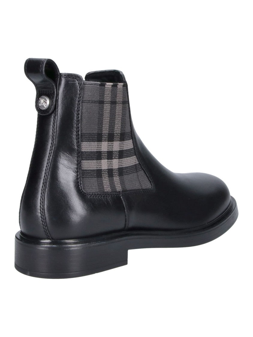 Burberry Black Calf Leather Check Inserts Rounded Toe Ankle Boots