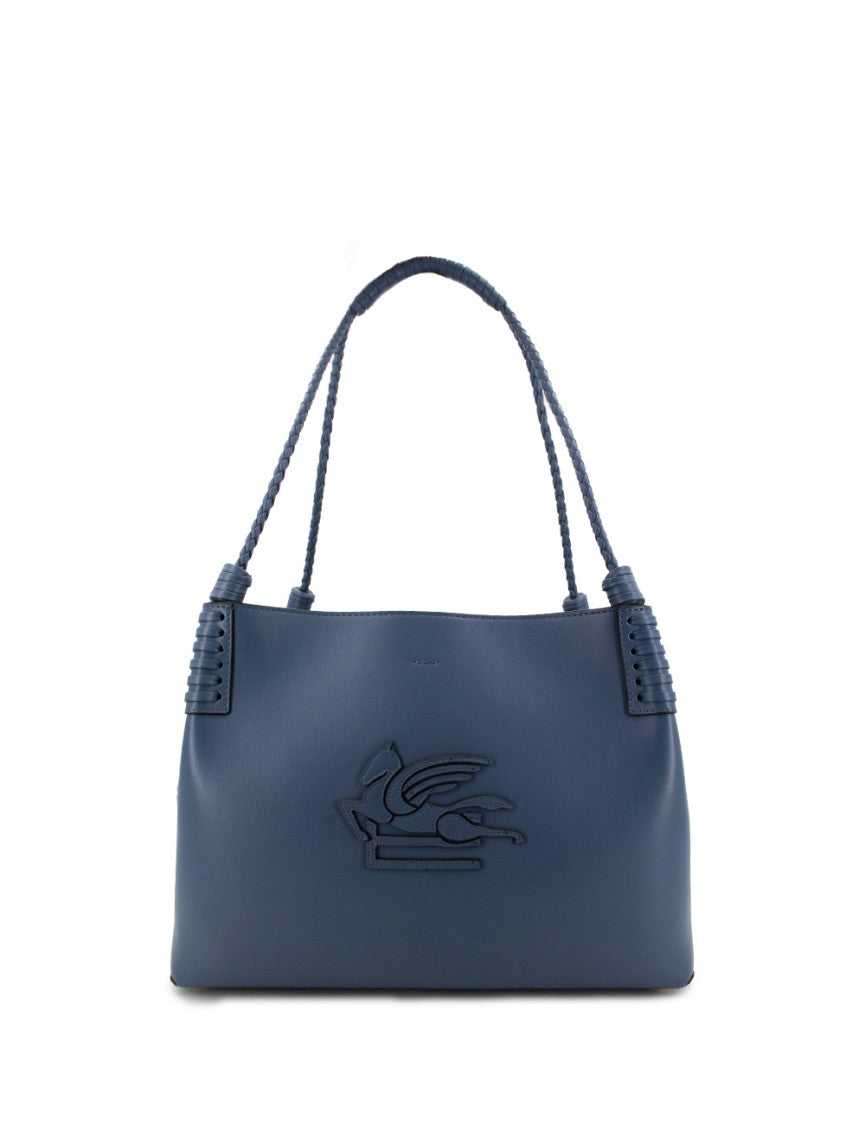 Etro Avio Leather Shoulder Bag With Embroidered Pegaso Logo
