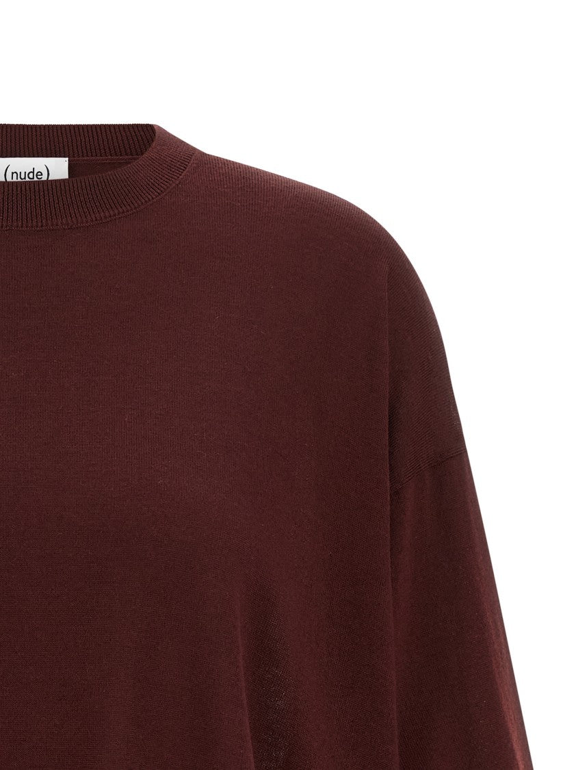 Nude Cropped Wool Sweater With Crew Neck And Asymmetrical Hem