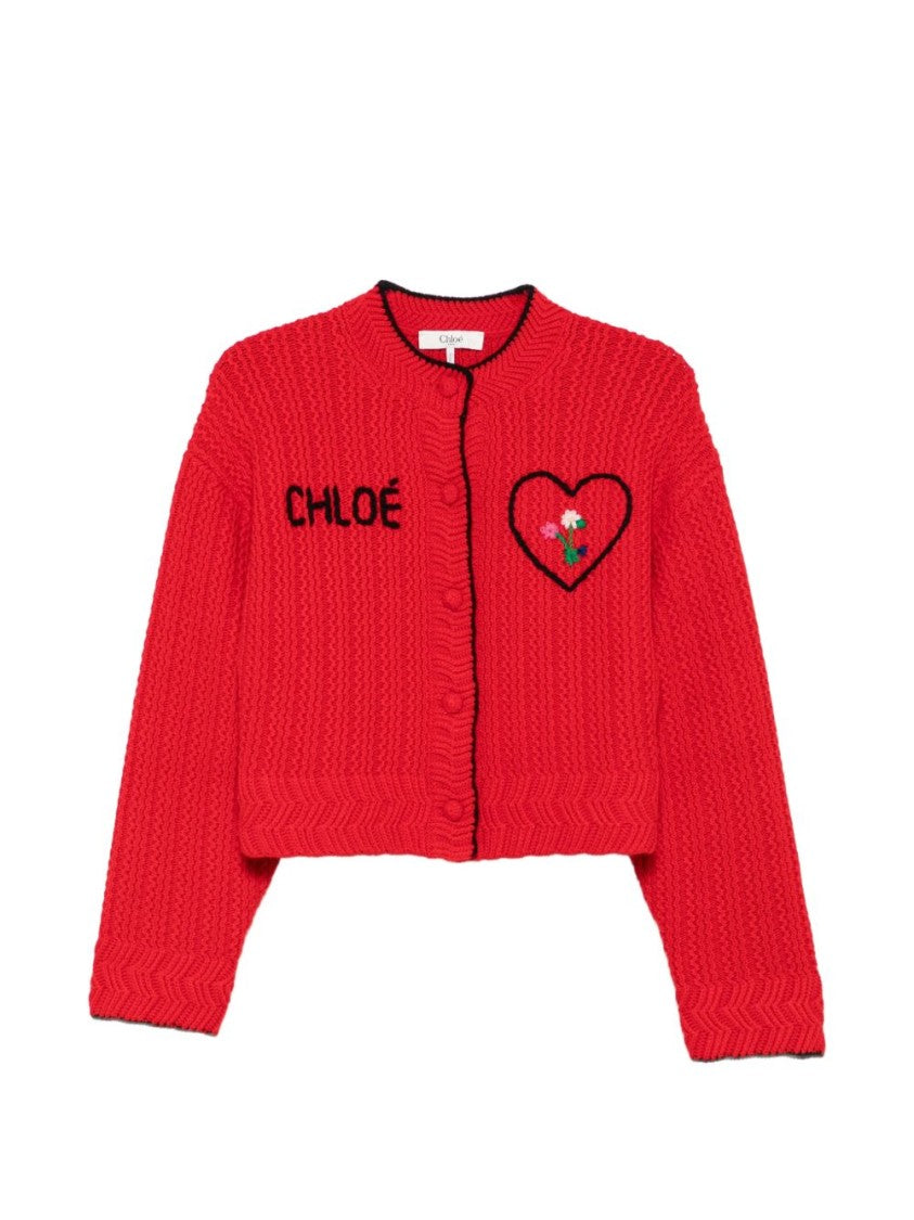 Chloé Cropped Textured Knit Embroidered Cardigan