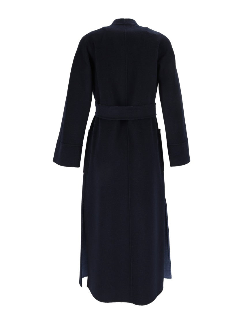 Max Mara Blue Nodo Collarless Belted Long Coat
