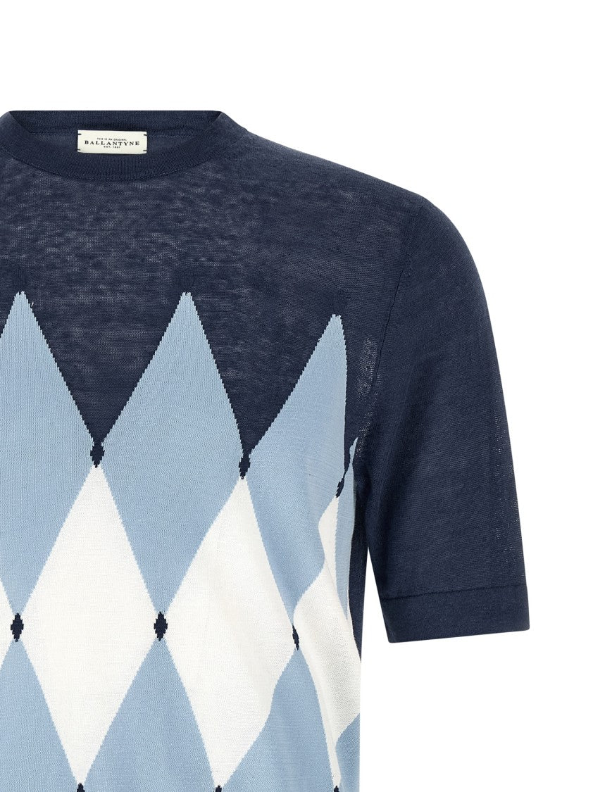 Ballantyne Front Argyle Jacquard T-Shirt In Linen-Cotton Blend