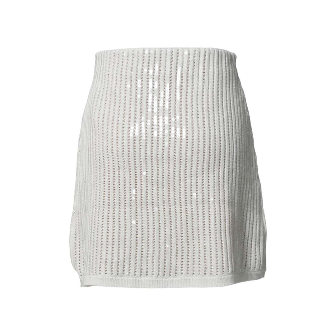 Self-Portrait Mini Skirt In Semi-Sheer White Knit With Vertical Openwork Stripes
