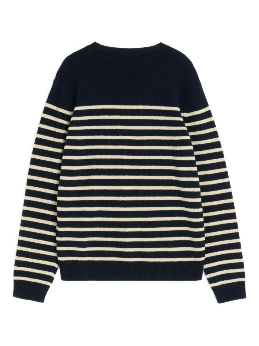 Valentino Garavani Navy Blue Stripe Pattern Crew Neck Valentino Sweater