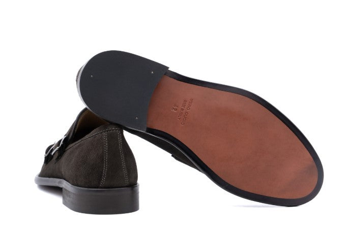 Antica Cuoieria Double-Buckle Loafer In Suede Calfskin With Satin-Finish Studs