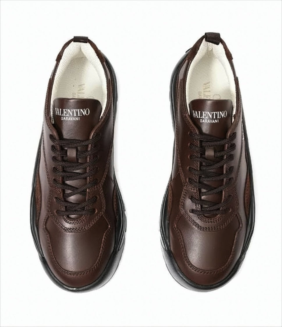 Valentino Garavani Brown Leather And Suede Sneakers With Textured Sole
