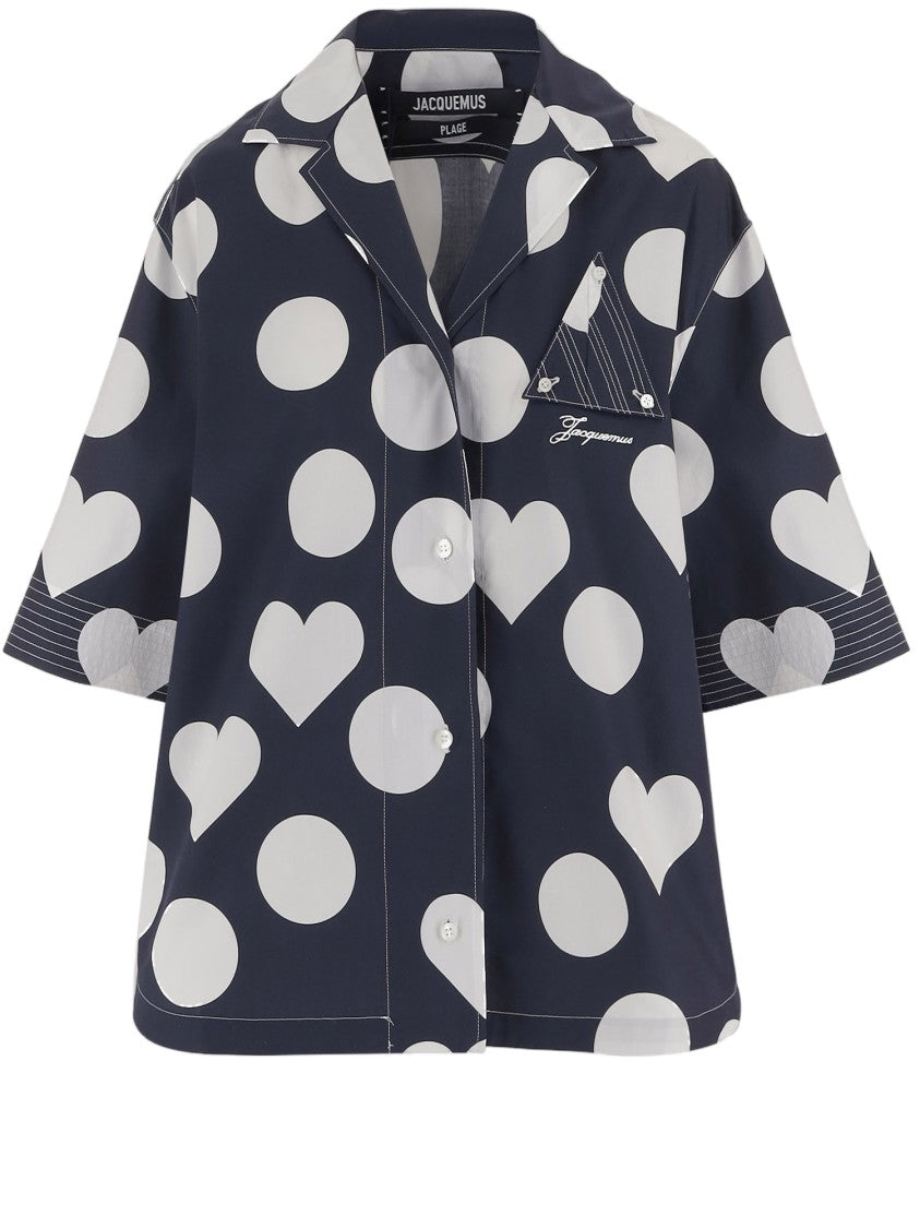 Jacquemus Navy Cotton Shirt With Bowling Collar And Playful Print