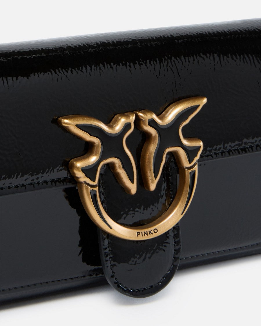 Pinko Glossy Black Shoulder Bag With Gold Emblem