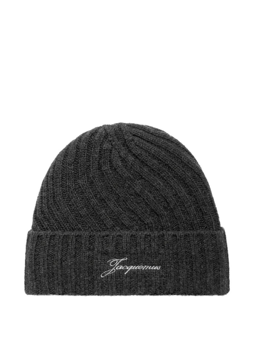 Jacquemus Dark Grey Ribbed Knit Embroidered Hat