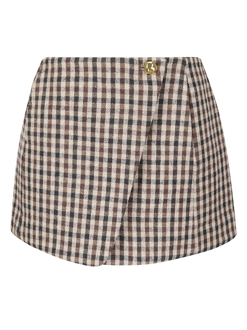 Ganni Checked Wool Mini Skirt With Vintage-Effect Button