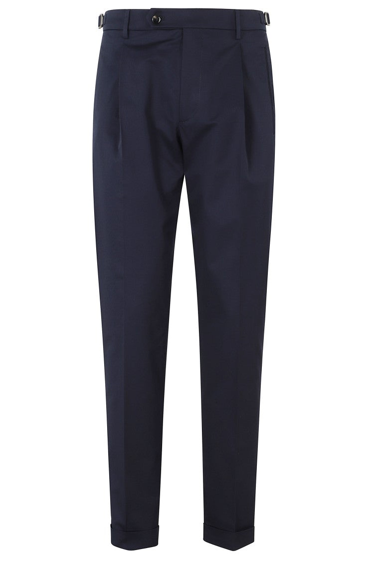 Berwich Navy Retro Darts Waist Strap Cotton-Blend Trousers