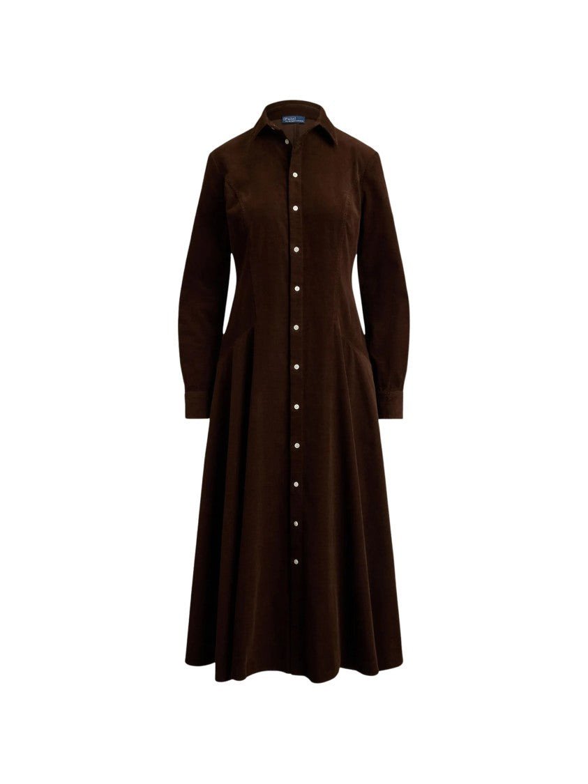 Polo Ralph Lauren Corduroy Shirt Midi Dress With Pearl-Like Buttons And Flared Skirt