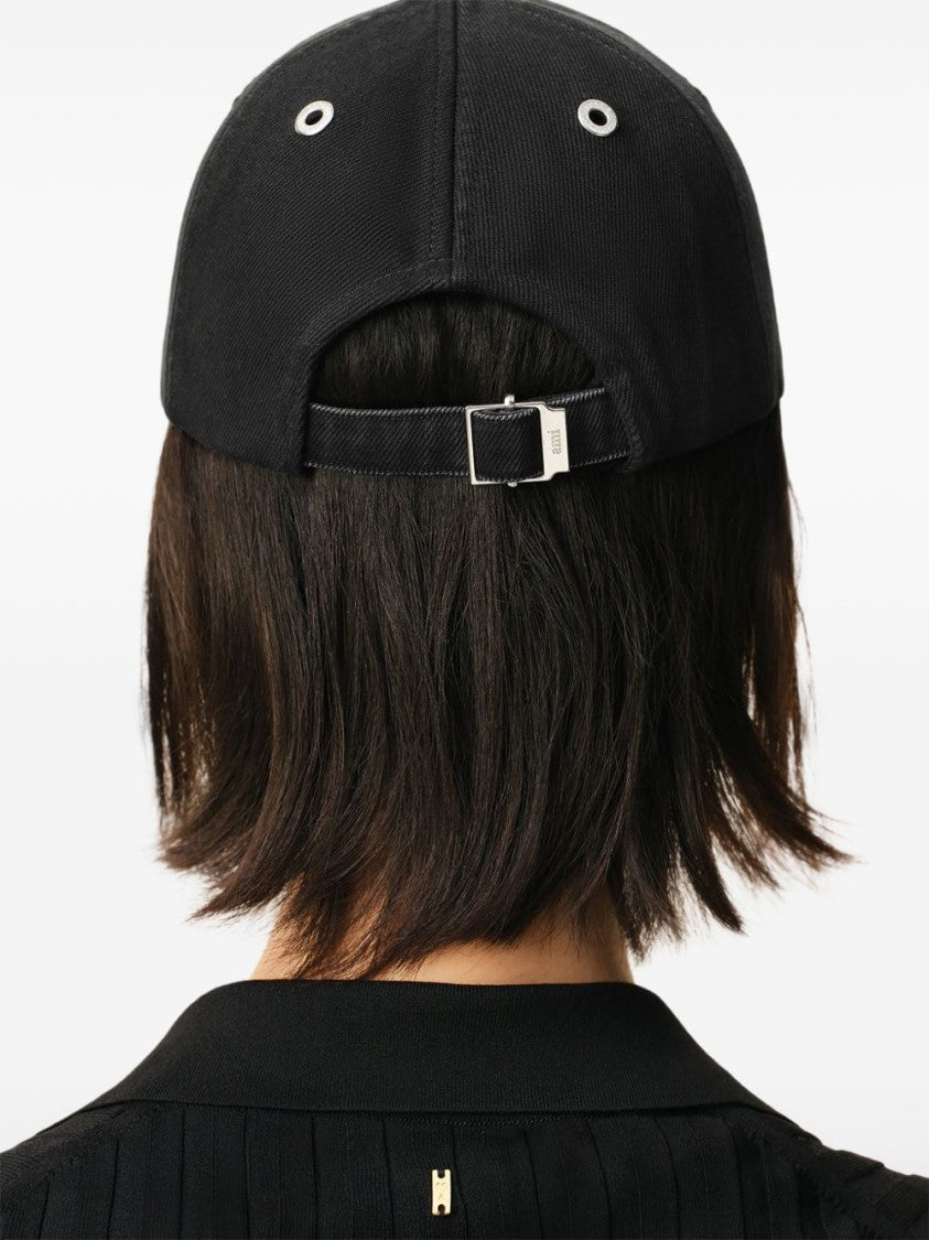 Ami Paris Black Logo Patch Adjustable Buckle Hat