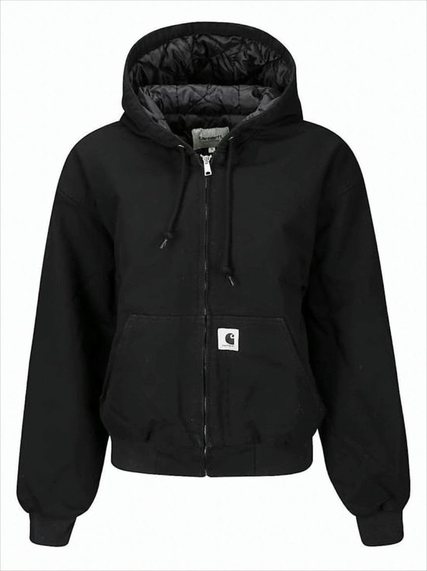 Carhartt Wip Cropped Black Hooded Jacket With Drawstring And Ribbed Details