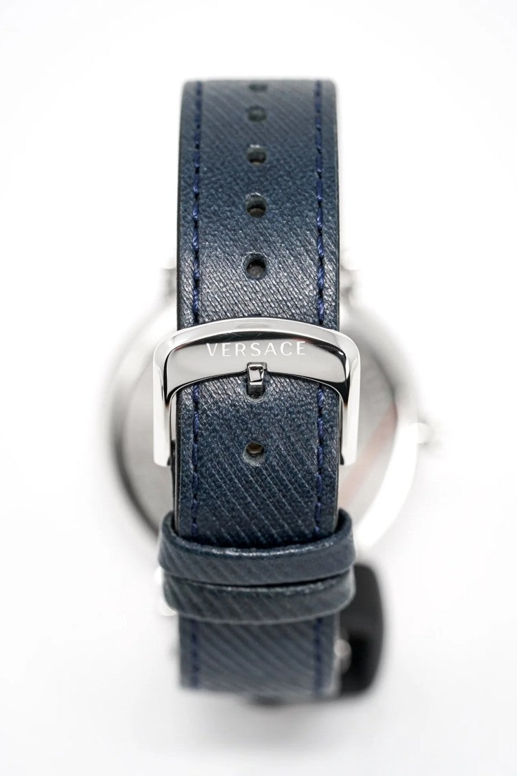 Versace Stainless Steel Quartz Watch With Deep Blue Dial And Calf Leather Strap