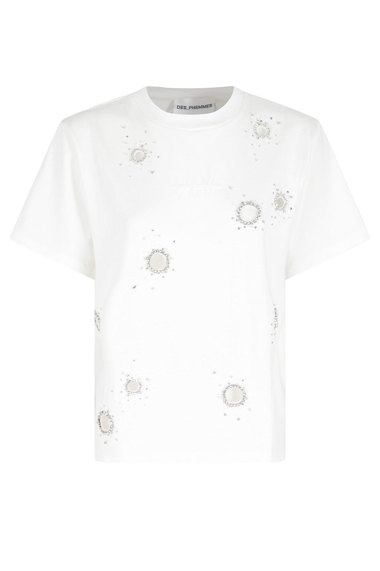 Des Phemmes White Classic All-Over Rhinestone Cotton T-Shirt