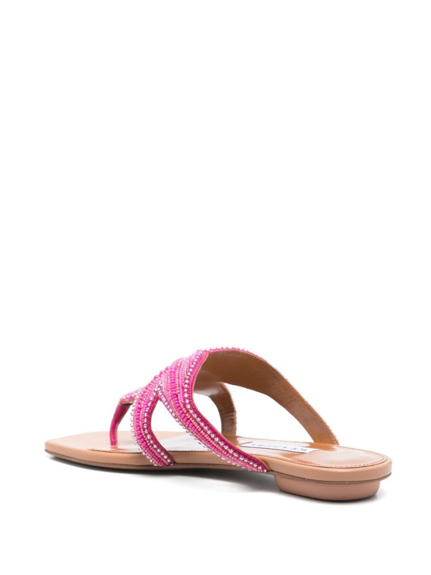 Aquazzura Bead-Embellished Fuchsia Pink Flat Sandals