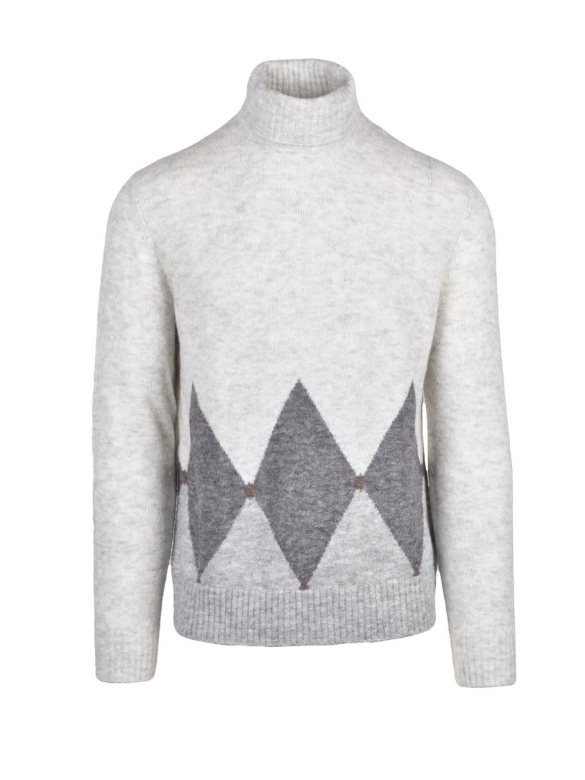 Ballantyne Grey High-Neck Argyle Wool-Blend Sweater