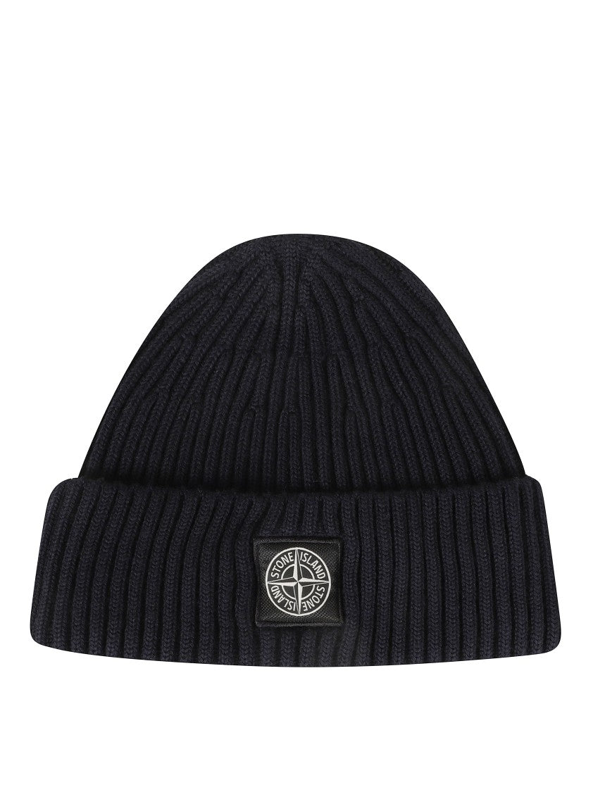 Stone Island Ribbed Knit Beanie With Folded Cuff And Logo