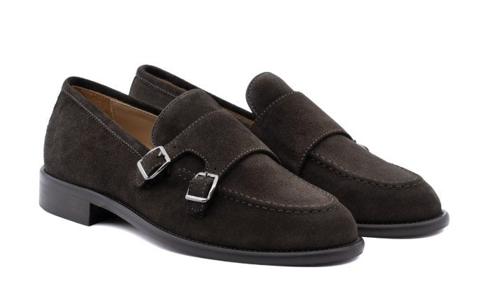 Antica Cuoieria Double-Buckle Loafer In Suede Calfskin With Satin-Finish Studs