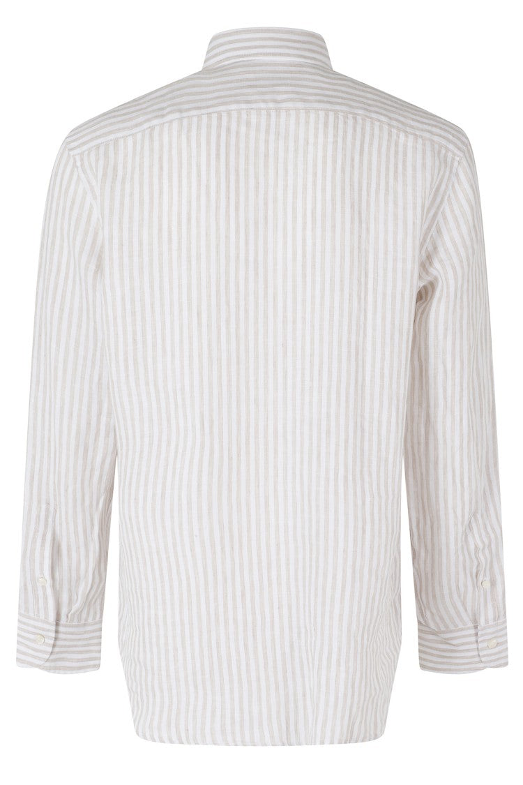 Seventy Beige Button-Down Embroidered Logo Striped Linen Shirt