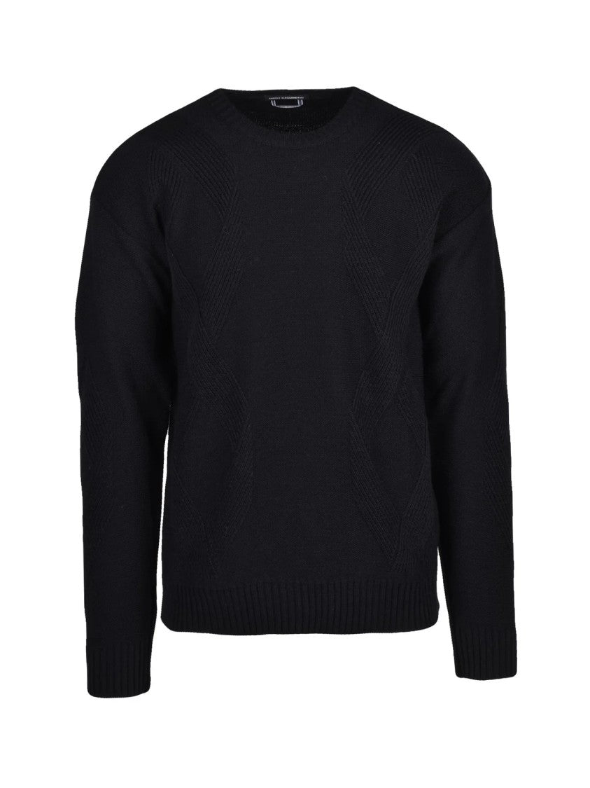 Daniele Alessandrini Textured Black Crew Neck Sweater In Acrylic And Wool Blend