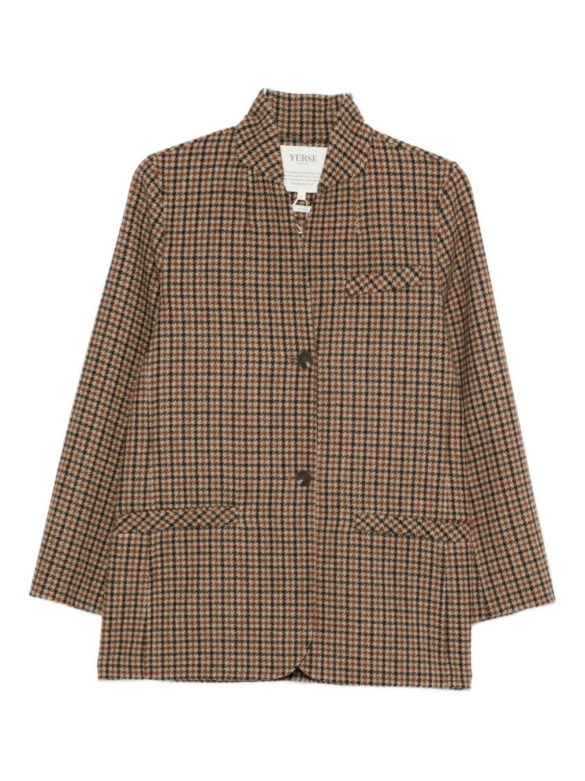 Yerse Houndstooth Pattern Brown Wool-Blend Coat