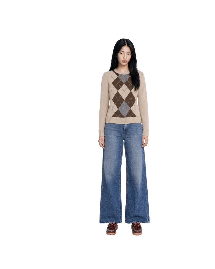Max Mara Beige Argyle Pattern Wool-Cashmere Crewneck Sweater