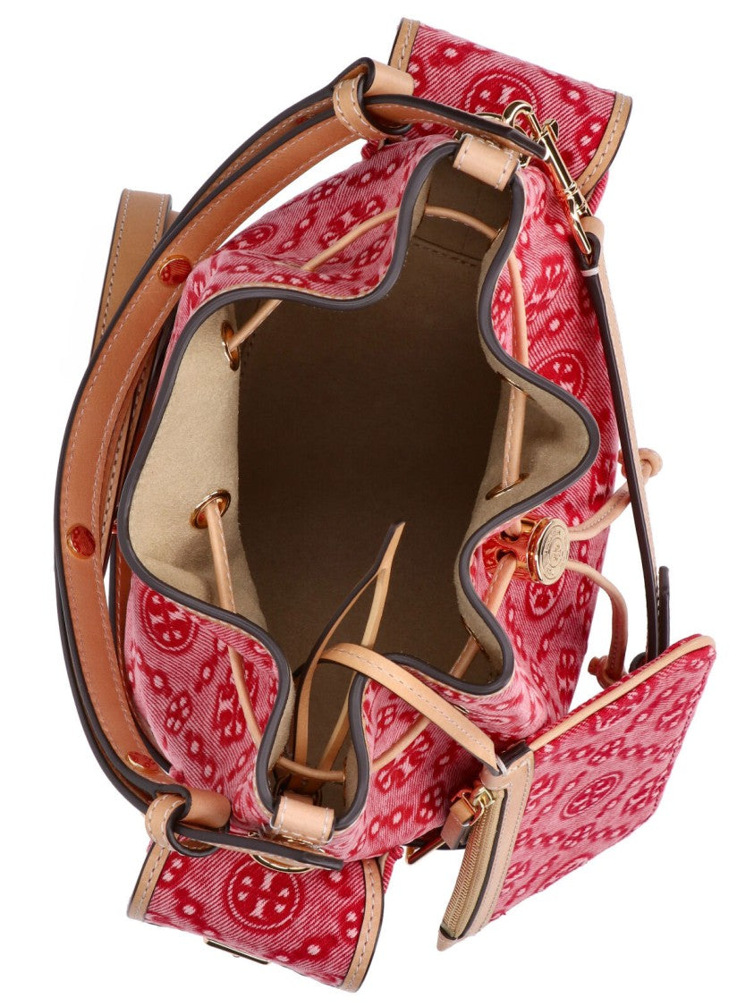 Tory Burch Red T Monogram Denim Bucket Bag