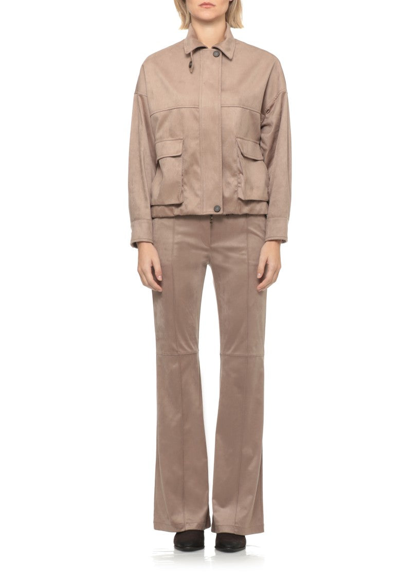 D. Exterior Beige Flap Pockets Synthetic Leather Bomber Jacket