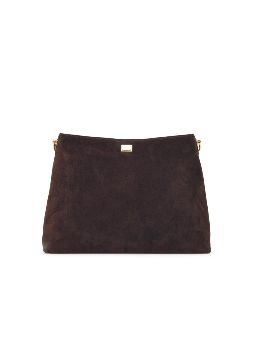 Dolce & Gabbana Large Suede Shoulder Bag With Vintage Brass Accents