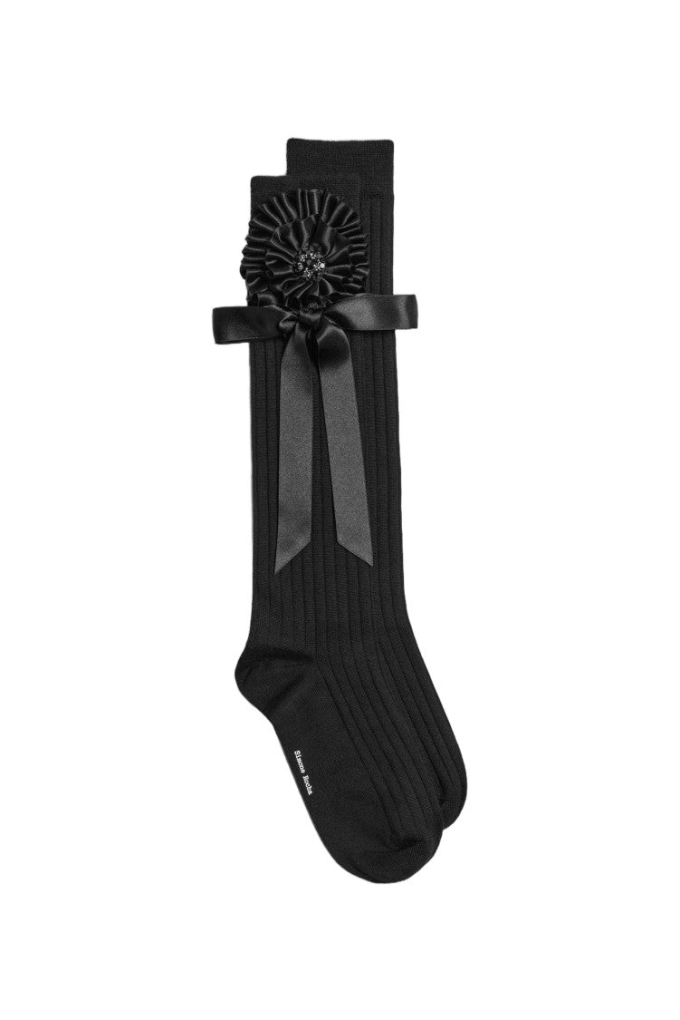 Simone Rocha Black Merino Silk Ribbed Ribbon Rosette Knee Socks