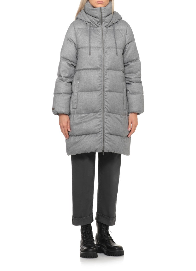 Peserico Grey Hooded Quilted Long Down Jacket