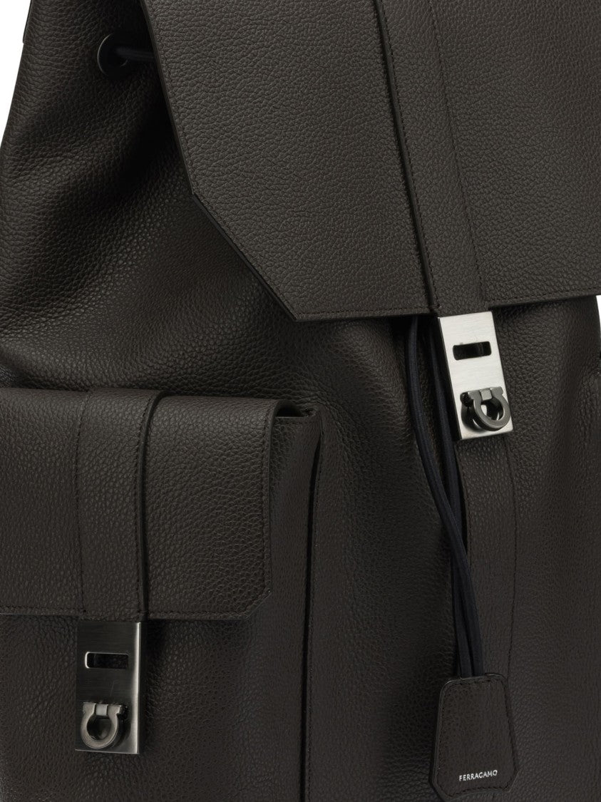Ferragamo Double Pocket Leather Backpack With Flap Top