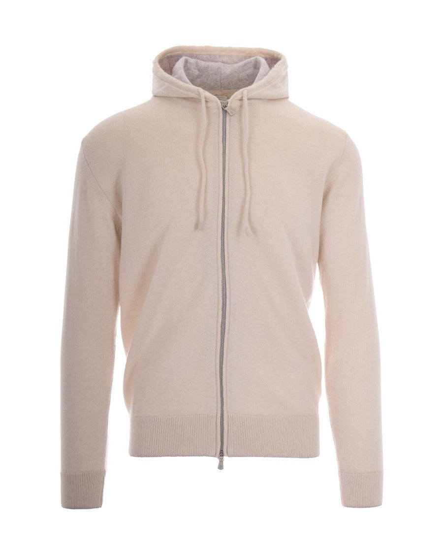 Eleventy Beige Full Zip Drawstring Cashmere Hoodie