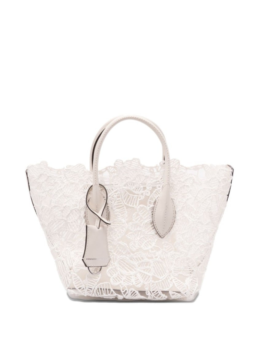 Ermanno Scervino Spacious White Shopper Bag With Lace Overlay And Leather Accents