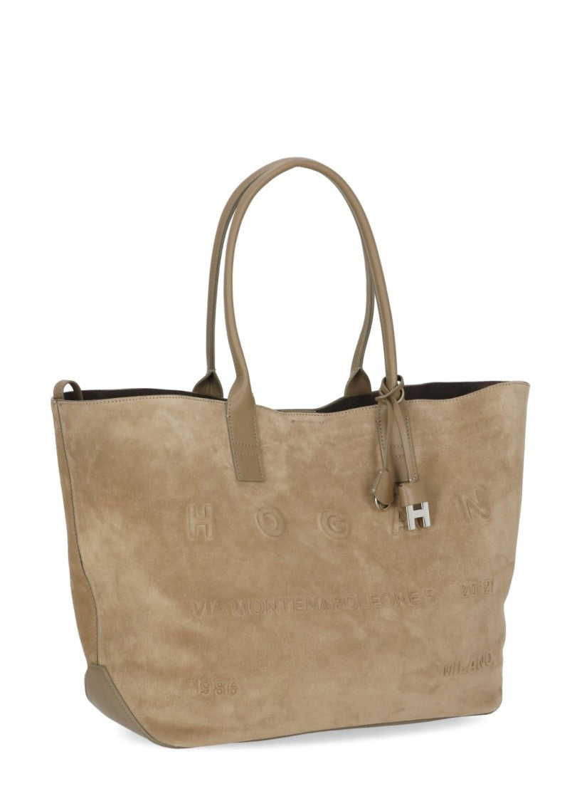 Hogan Beige Suede Leather Tote Bag With Embossed Logo
