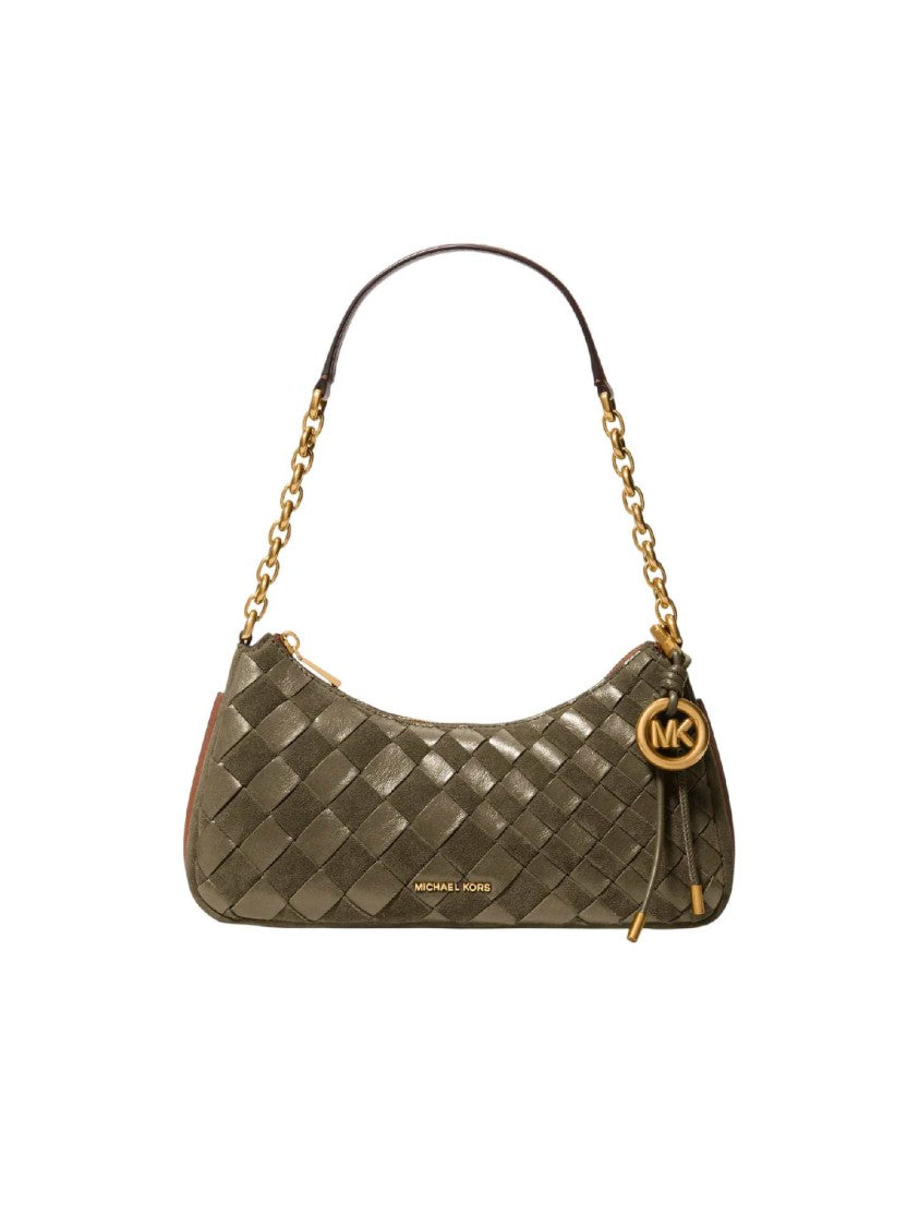 Michael Kors Gold-Tone Chain Woven-Leather Medium Pochette