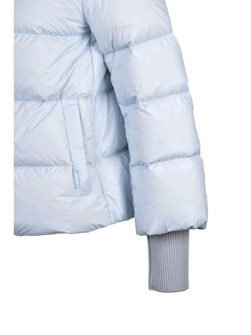 Add Short Light Blue Down Jacket With Quilted Design And High Collar