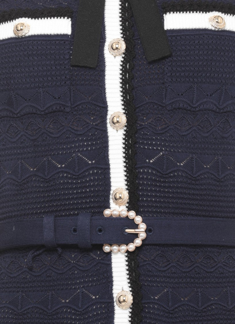 Self-Portrait Pointelle Knit Midi Dress With Decorative Pin And Four Pockets