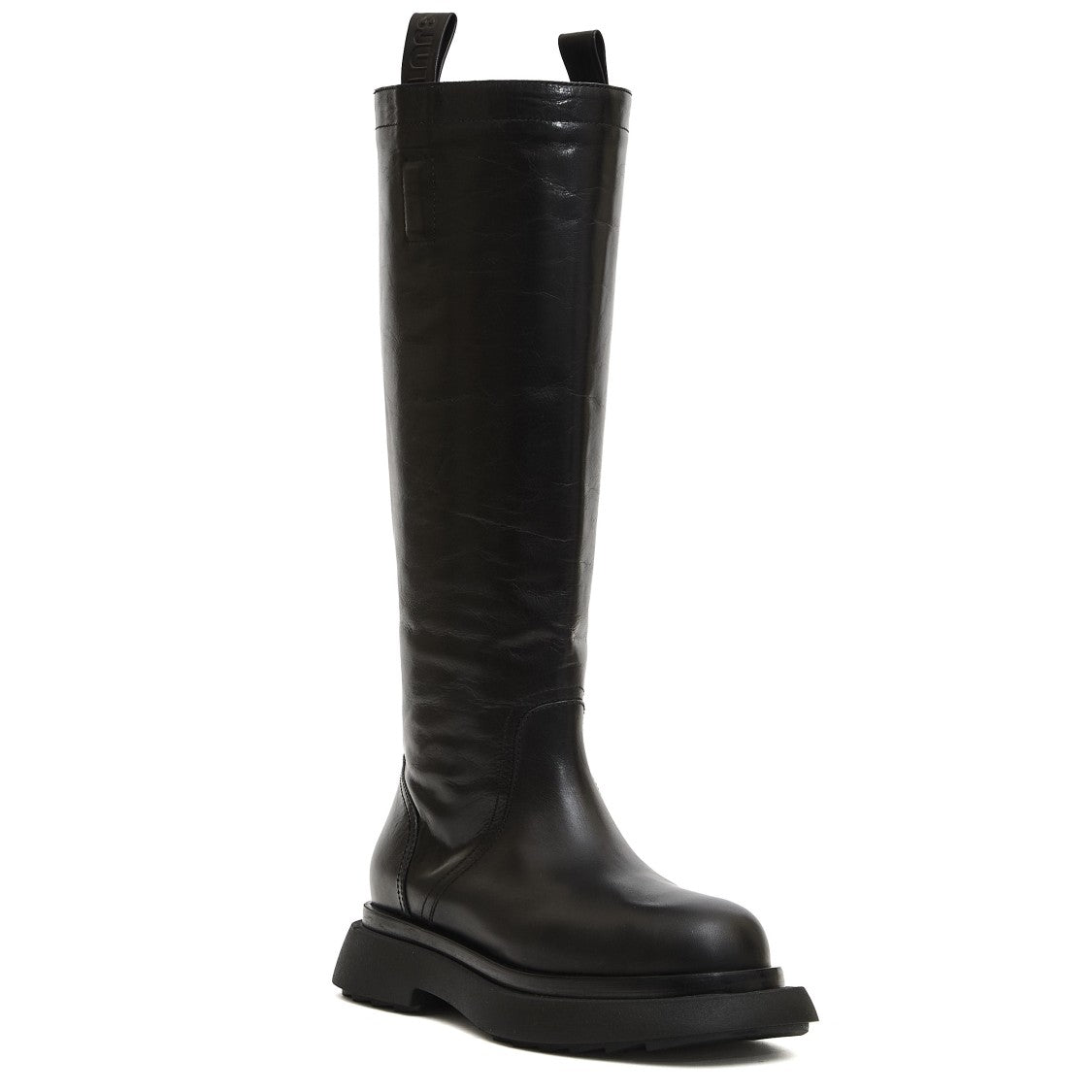 3Juin Black Leather Tall Boots With Chunky Sole And Pull Tabs