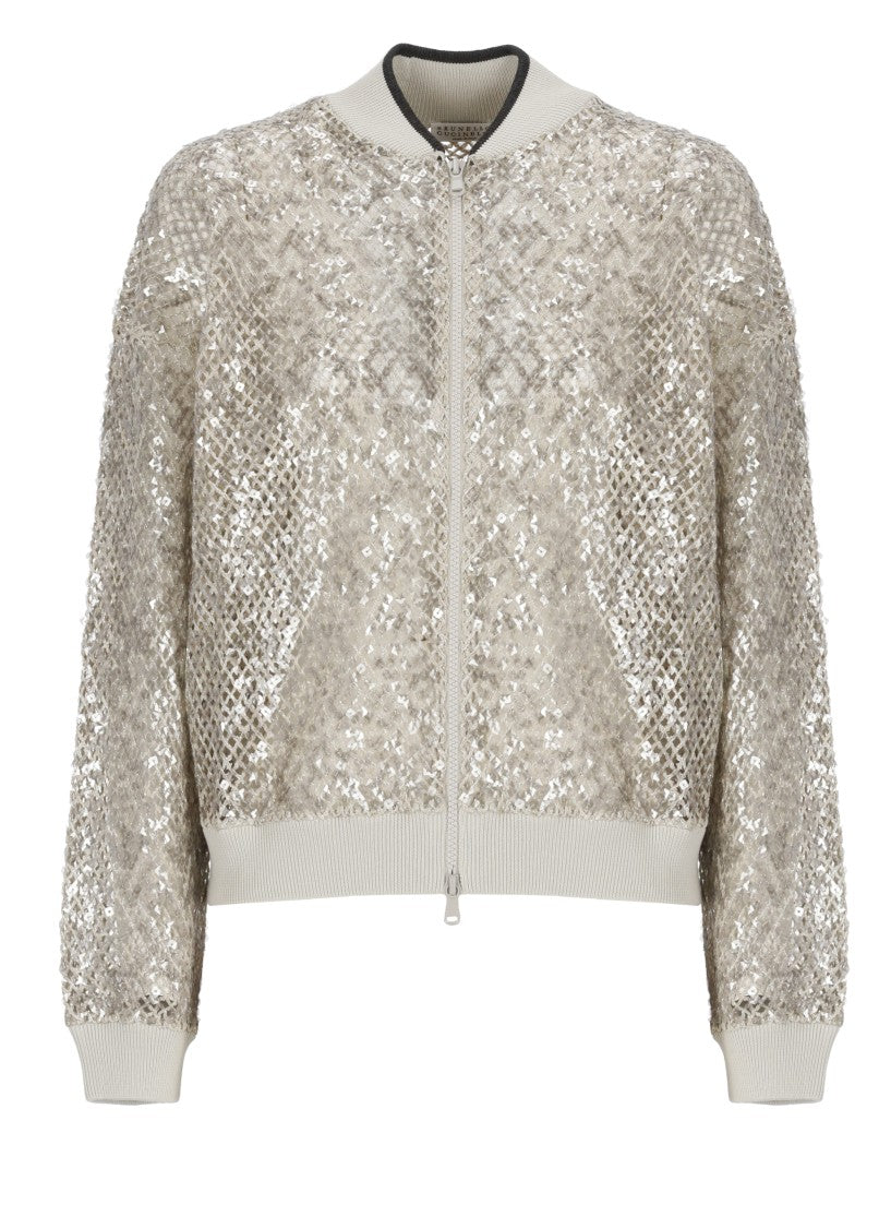 Brunello Cucinelli Beige Linen Cardigan With Sequined Embellishments