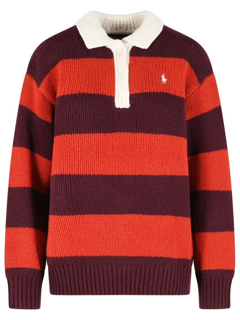 Polo Ralph Lauren Red Rugby Striped Chunky Knit Wool Sweater